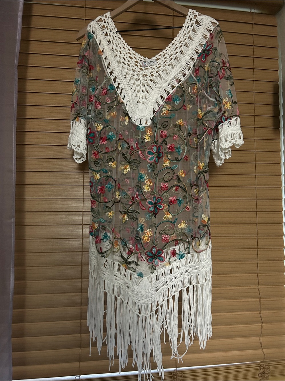 Asha Fringe Floral Sheer Beach cover- White Crochet & Multicolor Embroidery